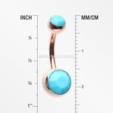 Rose Gold Turquoise Double Gem Ball Steel Belly Button Ring-Turquoise