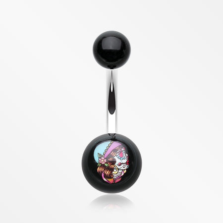 Day of the Dead Lady Acrylic Logo Belly Button Ring-Black
