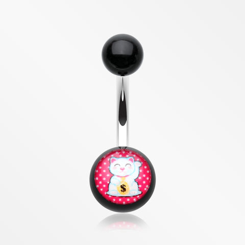 Maneki-Neko Lucky Cat Acrylic Logo Belly Button Ring-Red