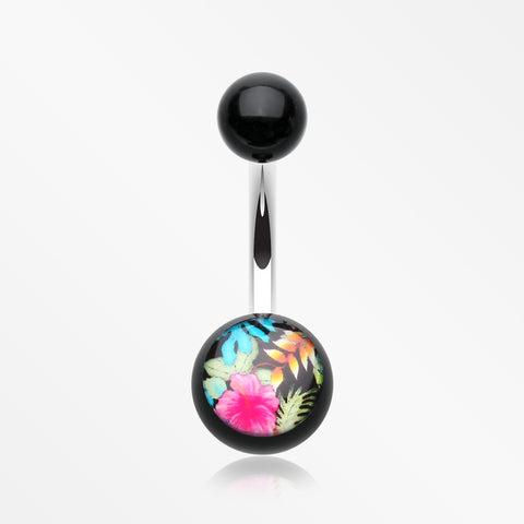 Hawaiian Luau Flower Acrylic Logo Belly Button Ring-Black