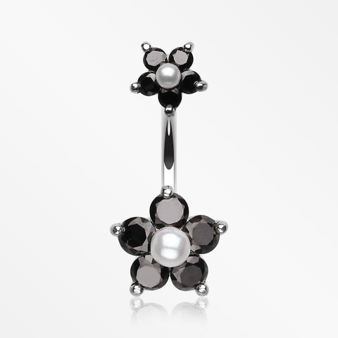 Pearl Bead Flower Sparkle Belly Ring-Black