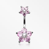 Pearl Bead Flower Sparkle Belly Ring-Pink