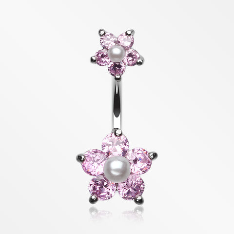 Pearl Bead Flower Sparkle Belly Ring-Pink