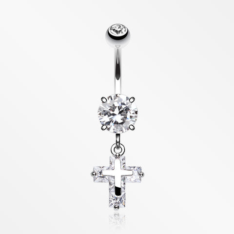 Cross on Cross Sparkle Belly Ring-Clear