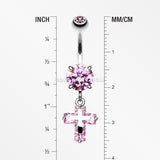 Cross on Cross Sparkle Belly Ring-Pink