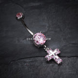 Cross on Cross Sparkle Belly Ring-Pink