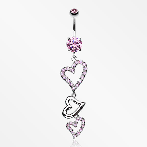 Curved Hearts Sparkle Belly Ring-Pink