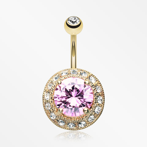 Golden Allure Prong Gem Belly Button Ring-Pink/Clear