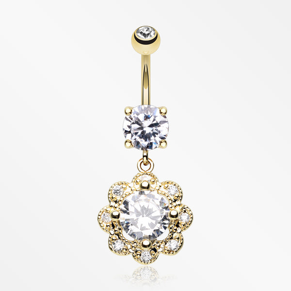 Golden Dazzling Flower Belly Button Ring-Clear