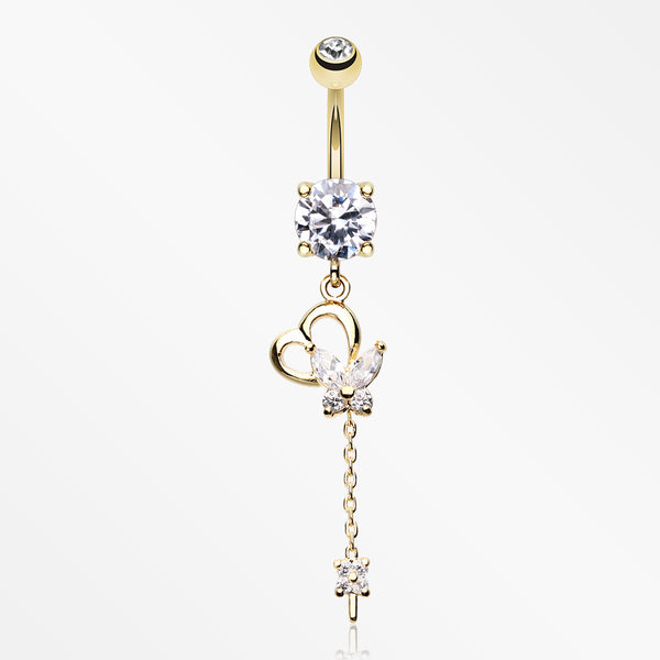 Golden Butterfly Heart Flower Sparkle Belly Button Ring-Clear