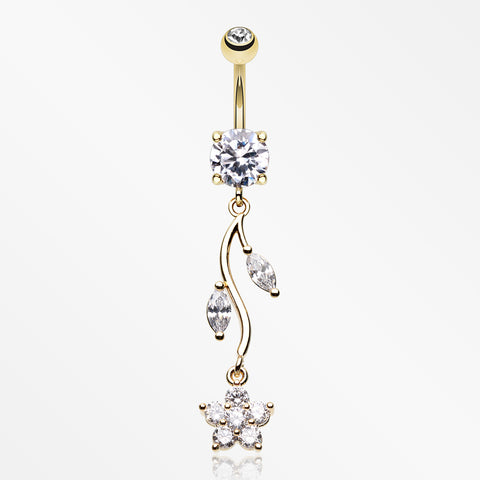 Golden Romantic Flower Belly Button Ring-Clear