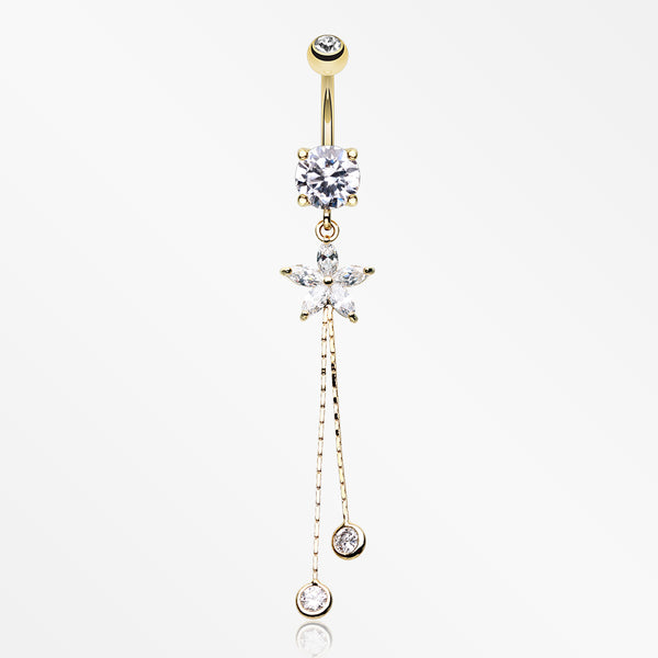 Golden Flower Sparkle Belly Button Ring-Clear