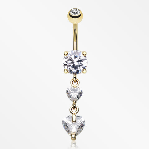 Golden Elegant Double Hearts Belly Button Ring-Clear