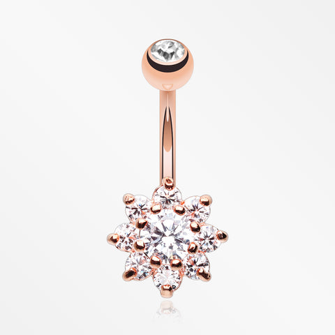 Rose Gold Spring Flower Sparkle Belly Button Ring-Clear
