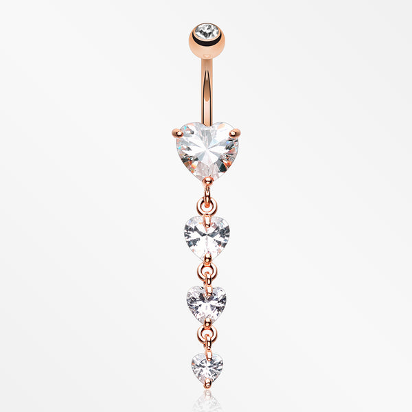 Rose Gold Brilliant Heart Cascade Belly Button Ring-Clear