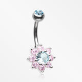 Glistening Spring Flower Sparkle Belly Button Ring-Aqua/Pink
