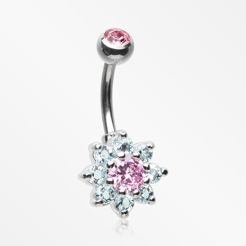 Glistening Spring Flower Sparkle Belly Button Ring-Pink/Aqua