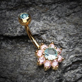 Golden Glistening Spring Flower Sparkle Belly Button Ring-Aqua/Pink