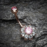Rose Gold Glistening Spring Flower Sparkle Belly Button Ring-Pink/Aqua
