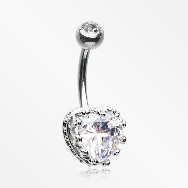 Princess Crown Prong Heart Sparkle Belly Button Ring-Clear