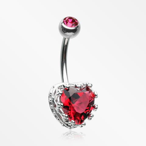 Princess Crown Prong Heart Sparkle Belly Button Ring-Red