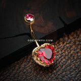 Golden Princess Crown Prong Heart Sparkle Belly Button Ring-Red