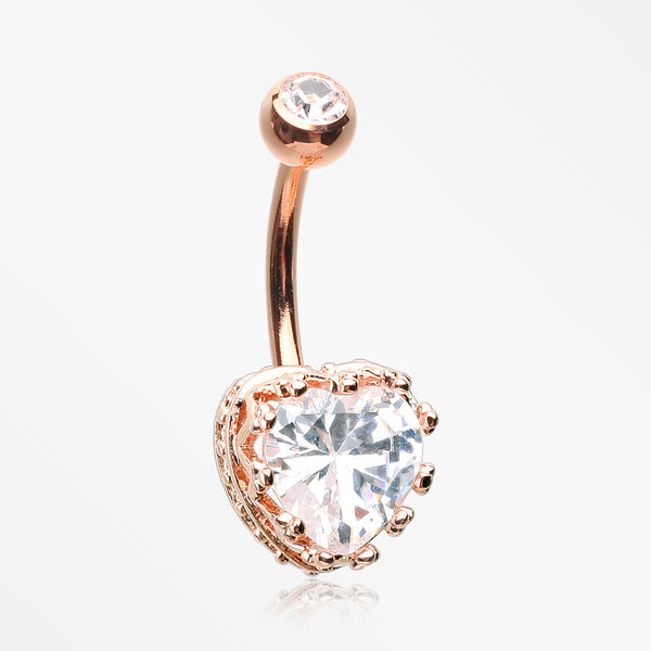 Rose Gold Princess Crown Prong Heart Sparkle Belly Button Ring-Clear