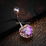 Rose Gold Princess Crown Prong Heart Sparkle Belly Button Ring-Purple