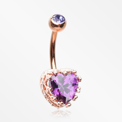 Rose Gold Princess Crown Prong Heart Sparkle Belly Button Ring-Purple