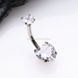 Double Heart Sparkle Prong Internally Threaded Belly Button Ring-Clear