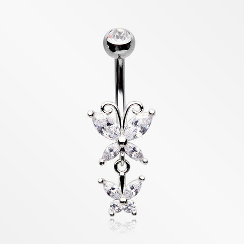 Butterfly Duo Sparkle Belly Button Ring-Clear Gem