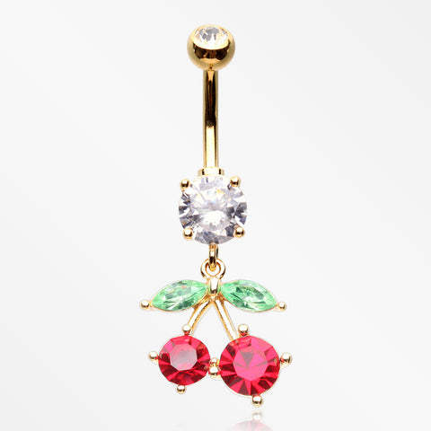 Golden Luscious Cherry Sparkle Belly Button Ring-Clear/Red