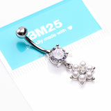 Pearlescent Spring Flower Sparkle Dangle Belly Button Ring-Clear/White