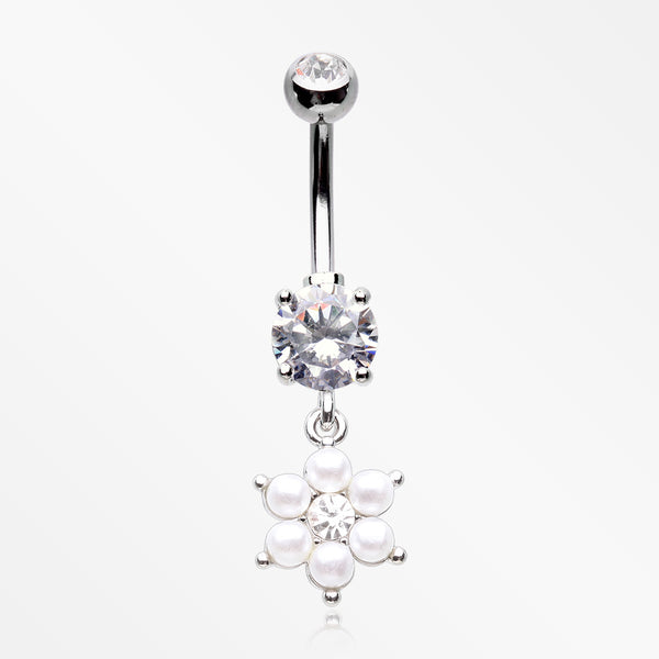 Pearlescent Spring Flower Sparkle Dangle Belly Button Ring-Clear/White