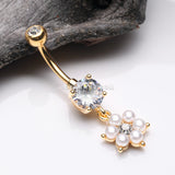 Golden Pearlescent Spring Flower Sparkle Dangle Belly Button Ring-Clear/White