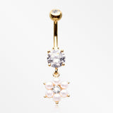 Golden Pearlescent Spring Flower Sparkle Dangle Belly Button Ring-Clear/White