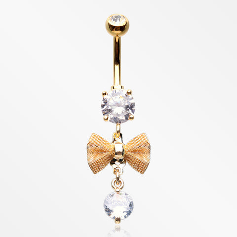 Golden Dainty Bow-Tie Prong Gem Sparkle Belly Button Ring-Clear Gem