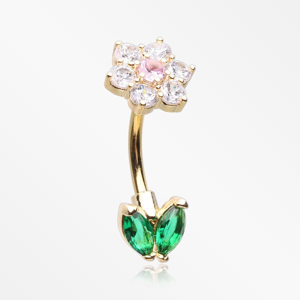 Golden Blooming Sparkle Spring Flower Belly Button Ring-Clear/Pink/Green