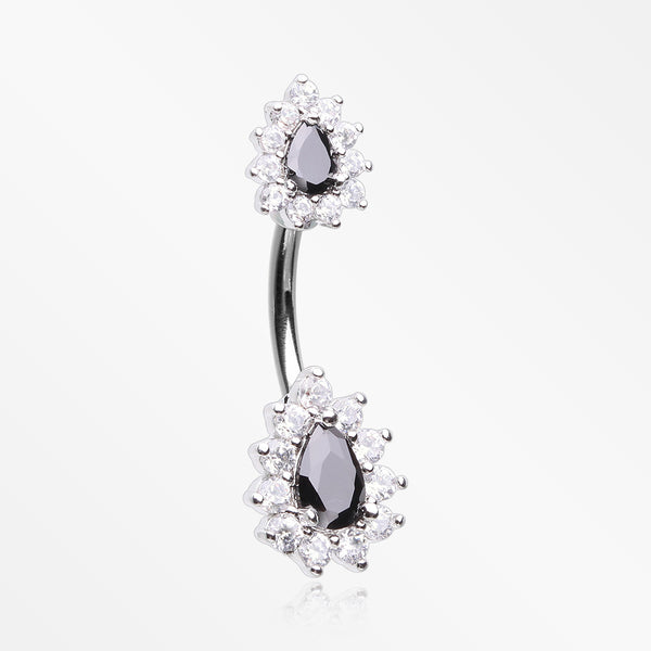 Glistening Teardrop Floral Sparkle Belly Button Ring-Clear/Black