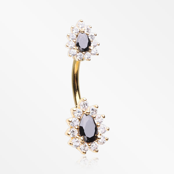 Golden Glistening Teardrop Floral Sparkle Belly Button Ring-Clear/Black