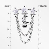 Celestial Stars and Moon Sparkle Chained Top Down Reverse Belly Button Ring-Clear Gem