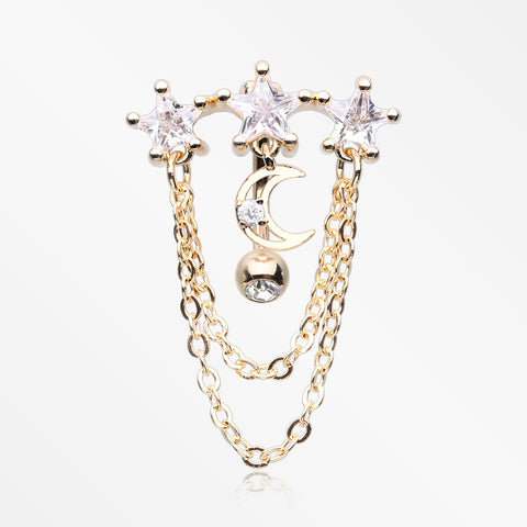 Golden Celestial Stars and Moon Sparkle Chained Top Down Reverse Belly Button Ring-Clear Gem