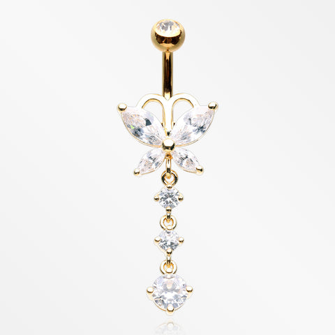 Golden Butterfly Sparkle Cascading Gems Belly Button Ring-Clear Gem