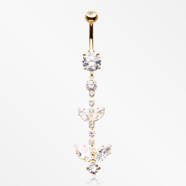 Golden Shimmering Sparkle Leaflet Floral Cascading Belly Button Ring-Clear Gem