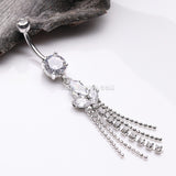Tri-Marquise Floral Leaf Sparkles Chain Drop Belly Button Ring-Clear Gem