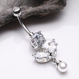 Marquise Sparkle Leaflet Gem Pearlescent Dangle Belly Button Ring-Clear Gem