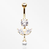 Golden Marquise Sparkle Leaflet Gem Pearlescent Dangle Belly Button Ring-Clear Gem