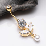 Golden Marquise Sparkle Leaflet Gem Pearlescent Dangle Belly Button Ring-Clear Gem