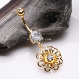 Golden Breeze Sparkle Flower Belly Button Ring-Clear Gem