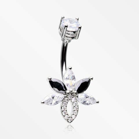 Marquise Brilliance Leaflet Flower Sparkle Belly Button Ring-Clear/Black